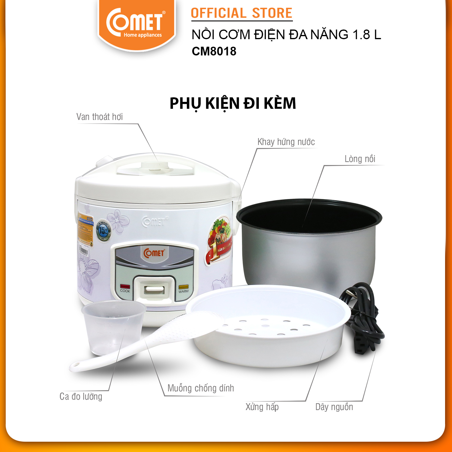 Nồi cơm điện 1.8L COMET - CM8018 - Hàng Chính Hãng