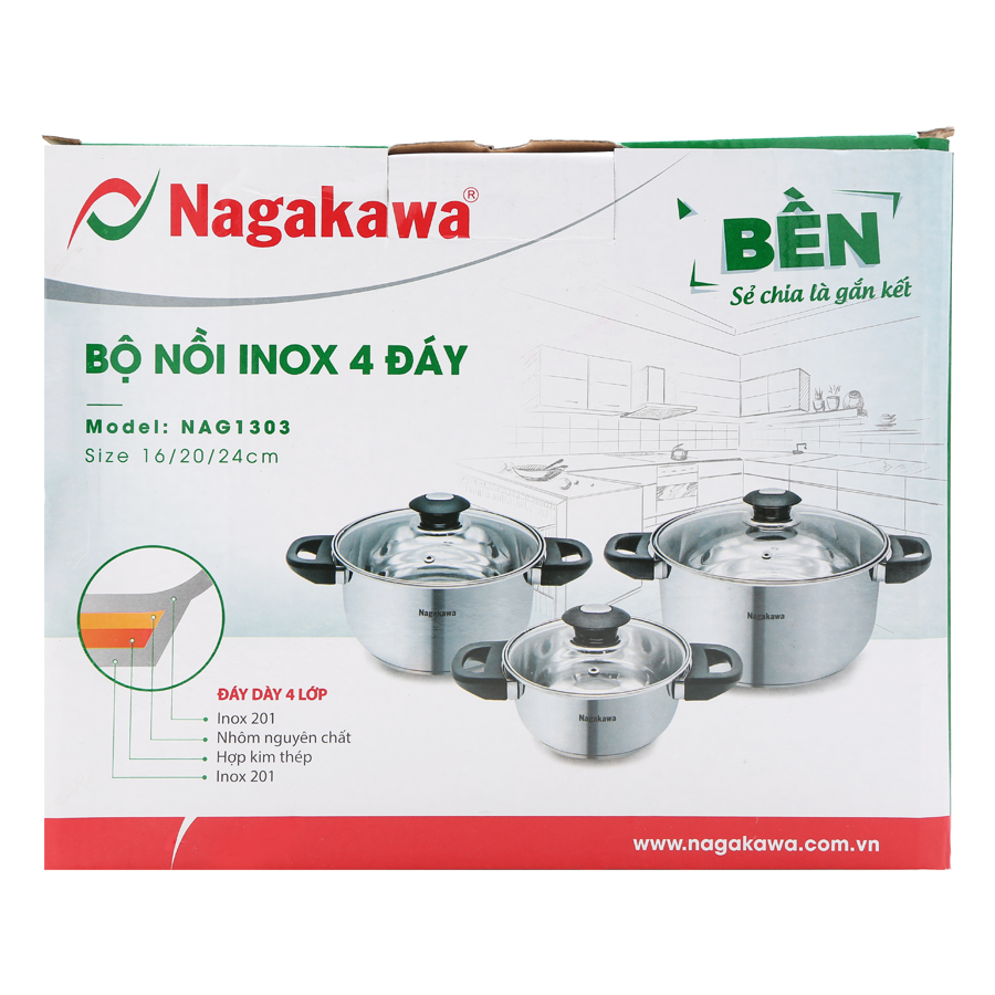 Bộ nồi inox cao cấp 4 đáy Nagakawa NAG1303 (size 16cm, 20cm, 24cm) dùng cho mọi loại bếp - Hàng Chính Hãng