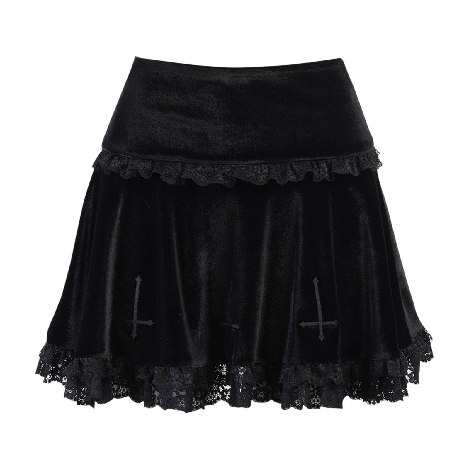 Cute Pleated Skirt A Line Lace Trim Comfortable Punk Dark Women Short Skirts for Girl