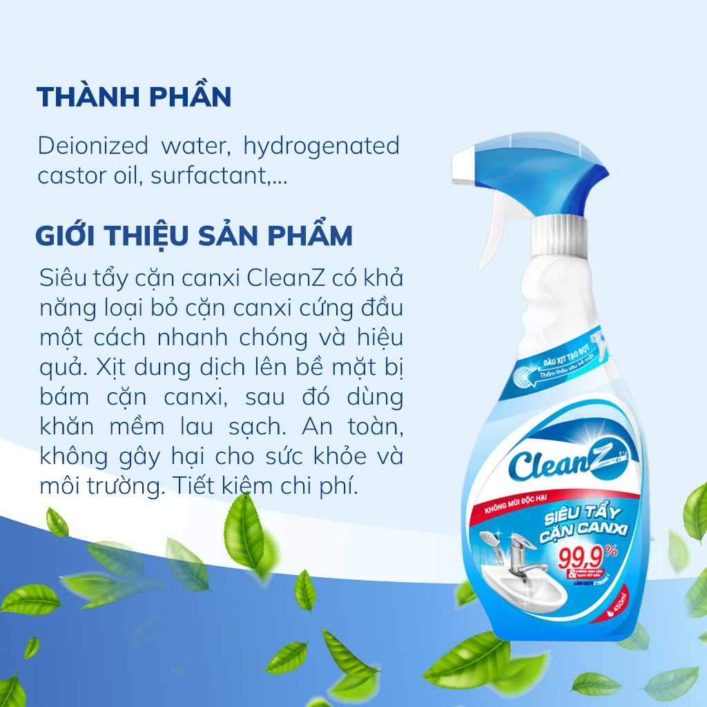 Chai Xịt  Siêu Tẩy Cặn Canxi CleanZ Chống Ăn Mòn Inox Vệ Sinh Vòi Rửa, Vòi Sen, Vách Kính 330ml