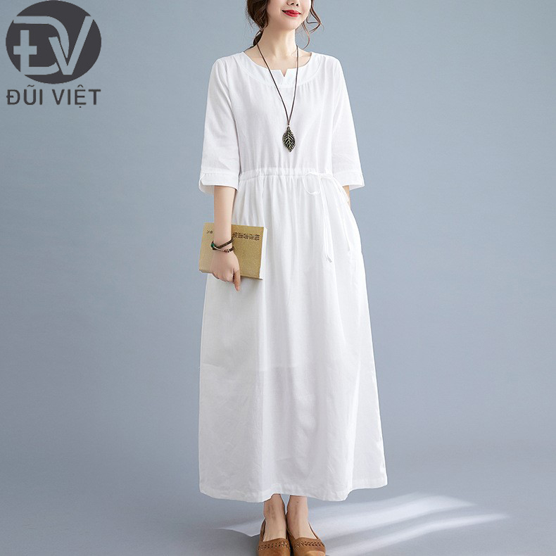 Đầm suông linen dáng dài màu trắng 2 túi sườn, Đầm nữ thắt eo phong cách vintage Đũi Việt