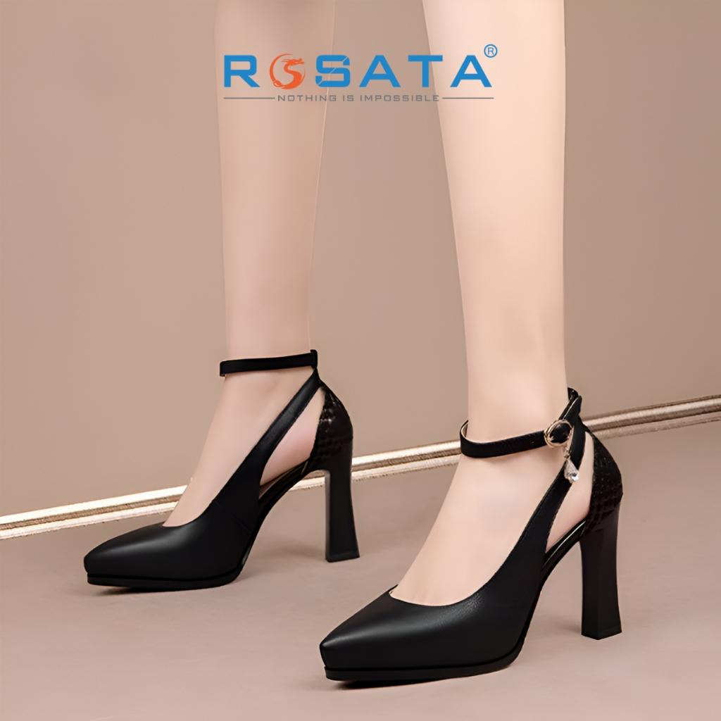 Giày cao gót nữ ROSATA RO616 đế vuông 8 phân mũi nhọn da trơn quai hậu khóa cài