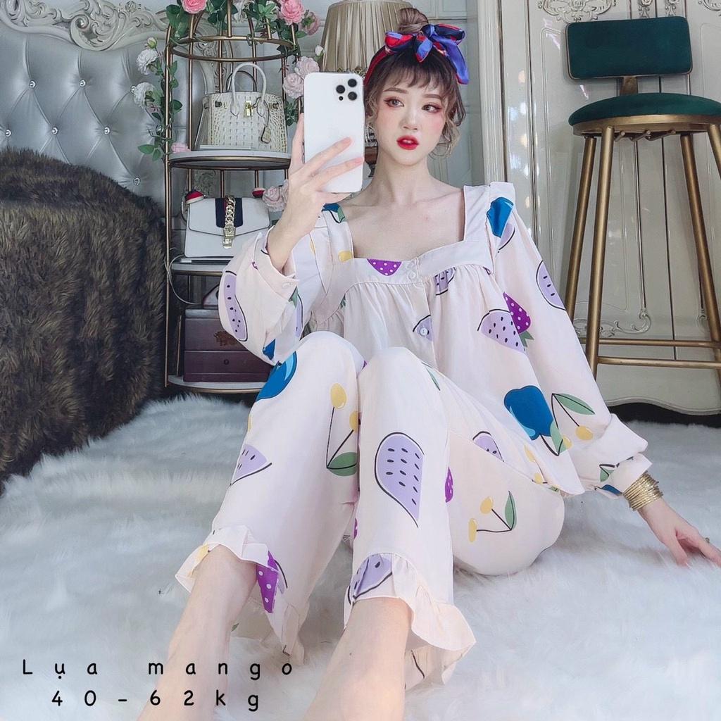 Đồ bộ nữ dài tay cổ vuông pizama lụa mango loại 1 cao cấp dễ thương giá rẻ freesize dưới 62kg MY STORE S56