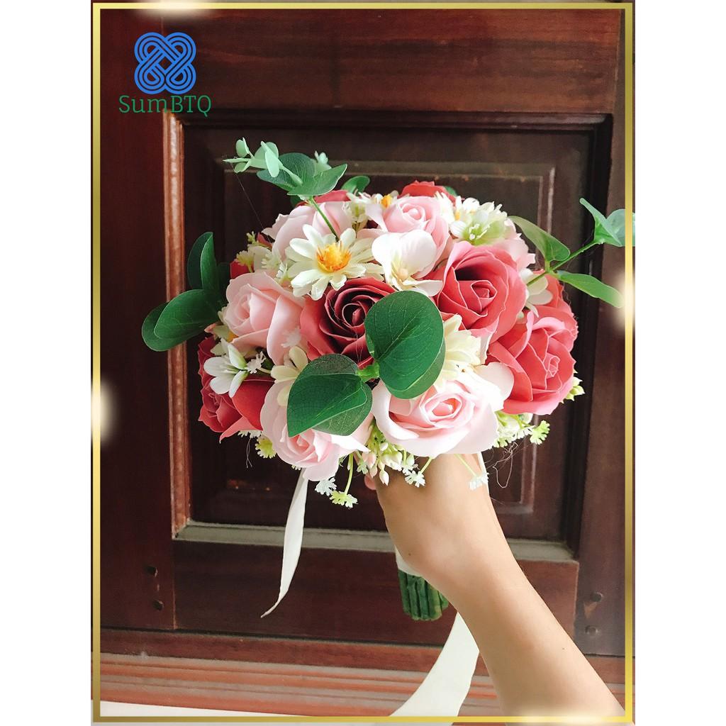 Hoa Cưới Cầm Tay Hoa Sáp Hồng Mix Hoa Lá