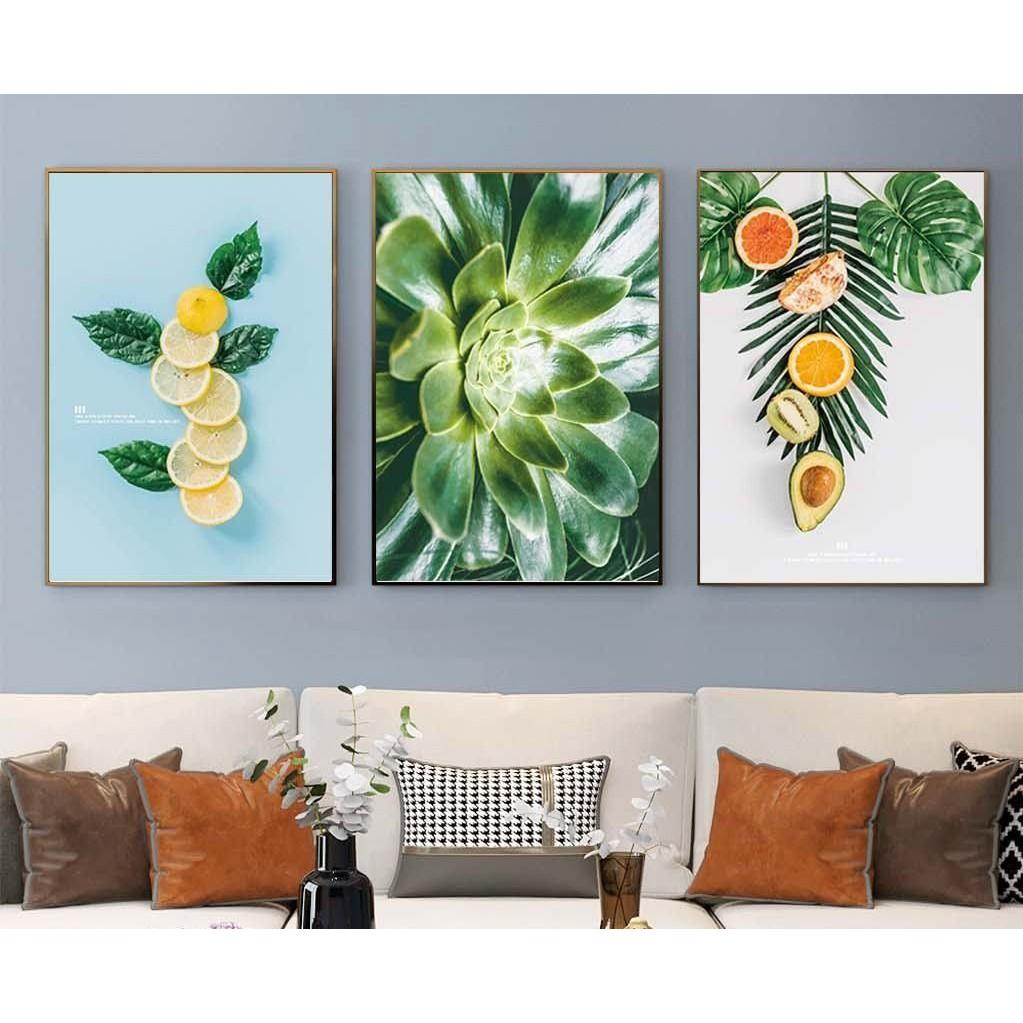 Bộ 3 Tranh KIM TUYẾN kèm khung gỗ Canvas Treo Tường Phòng khách/ngủ Tropical cây hoa hồng lá nhiệt đớ