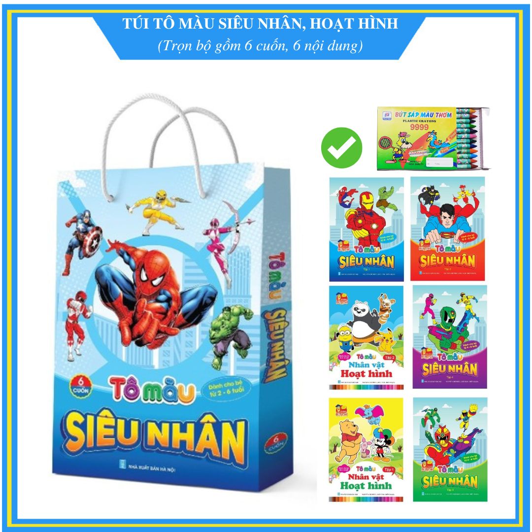 Tô Màu Siêu Nhân Nhân Vật Hoạt Hình Cho Bé 2 - 6 Tuổi - Túi 6 Cuốn