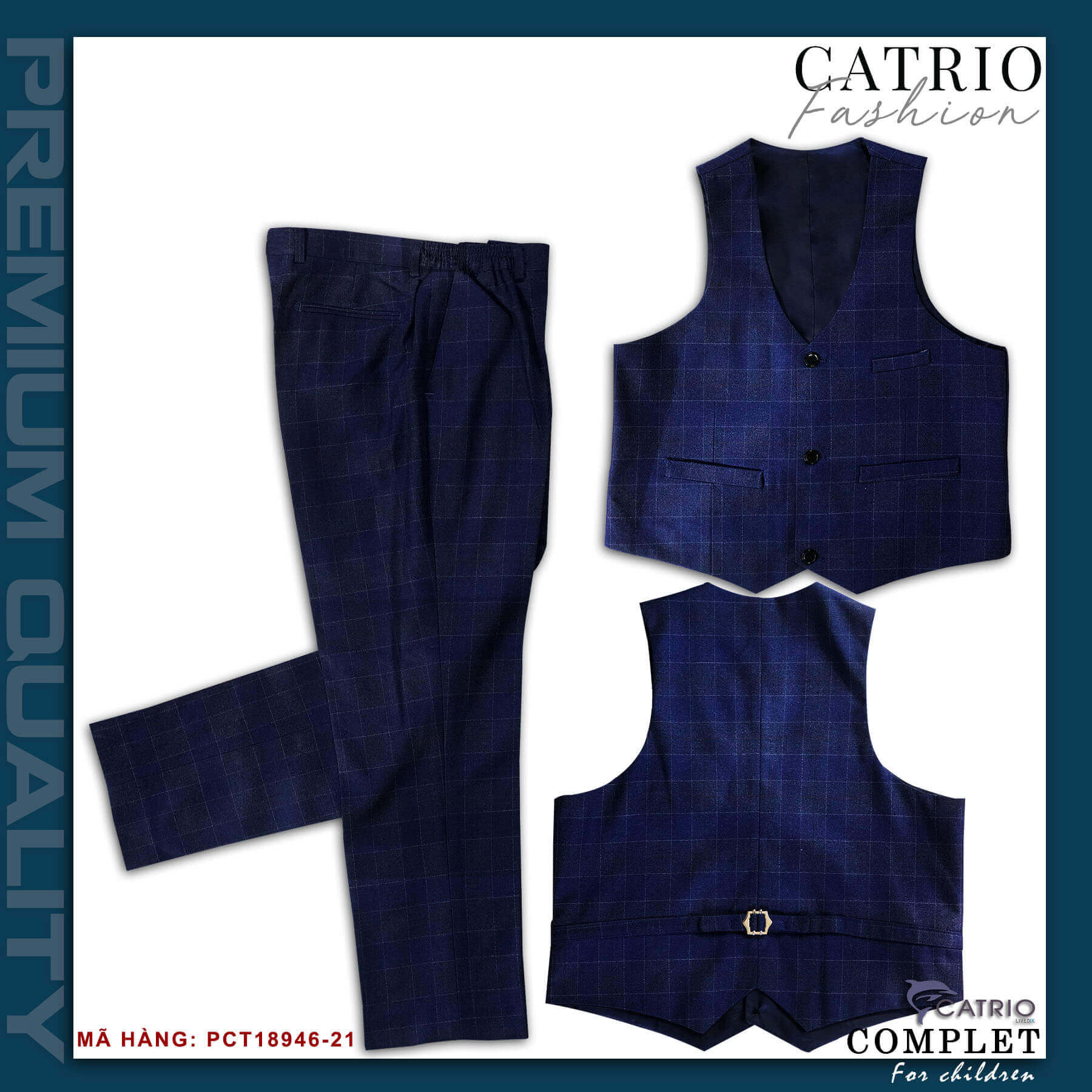 BỘ ĐỒ VEST BÉ TRAI CATRIO PCT18946/21 là bộ đồ suits trẻ em từ 2 tuổi 12kg..7 tuôi 28kg gồm 3 chi tiết QUẦN DÀI BÉ TRAI + ÁO VEST TRẺ EM + ÁO GILE vải dạ cao cấp mềm mượt tuyệt vời sang trọng để bé biểu diễn dự tiệc cưới hỏi