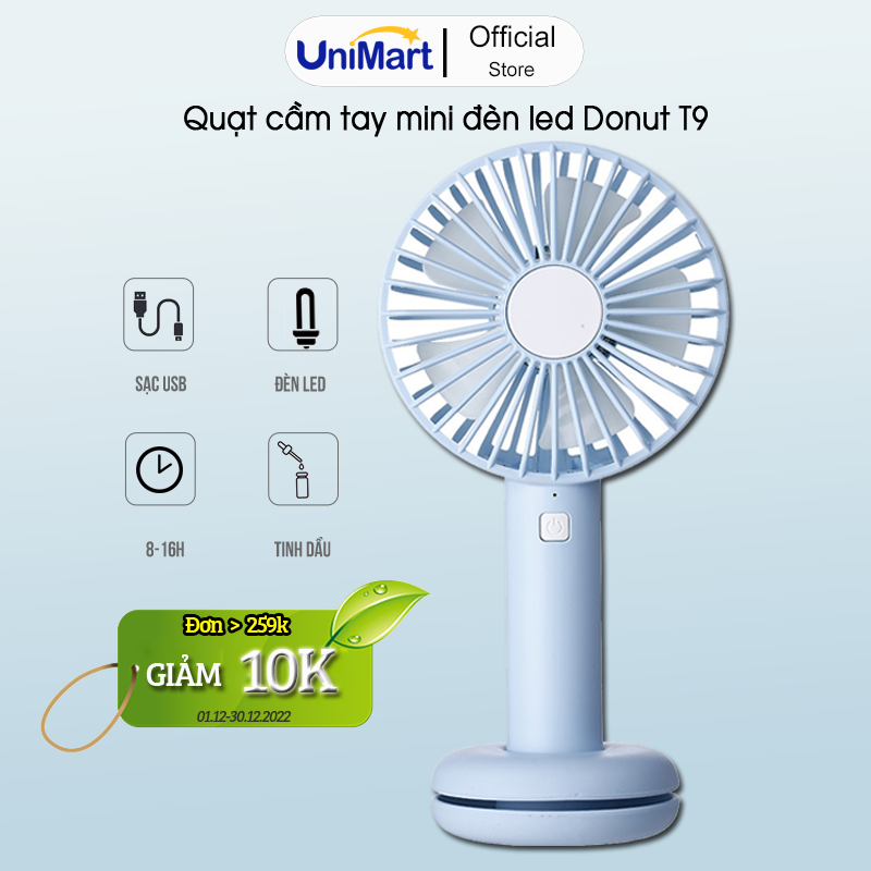 Quạt Mini Cầm Tay Damas Donut T9 Tích Điện Tiện Lợi Kèm Cáp Sạc - Tích Hợp Đèn Led Đổi Màu Lung Linh, Ảo Diệu - Thiết Kế Chân Đế Thiết Kế Bánh Donut Giữ Quạt Để Bàn - Hàng Chính Hãng