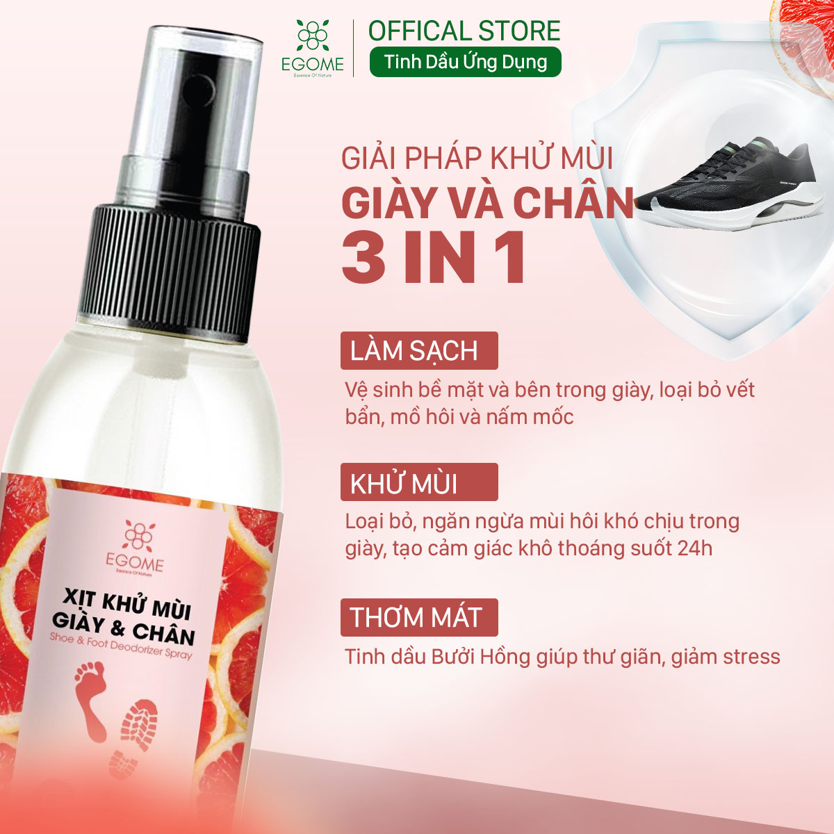 Xịt Khử Mùi Giày Và Chân Egome Tinh Dầu Bưởi Hồng làm sạch và thơm mát 100ml