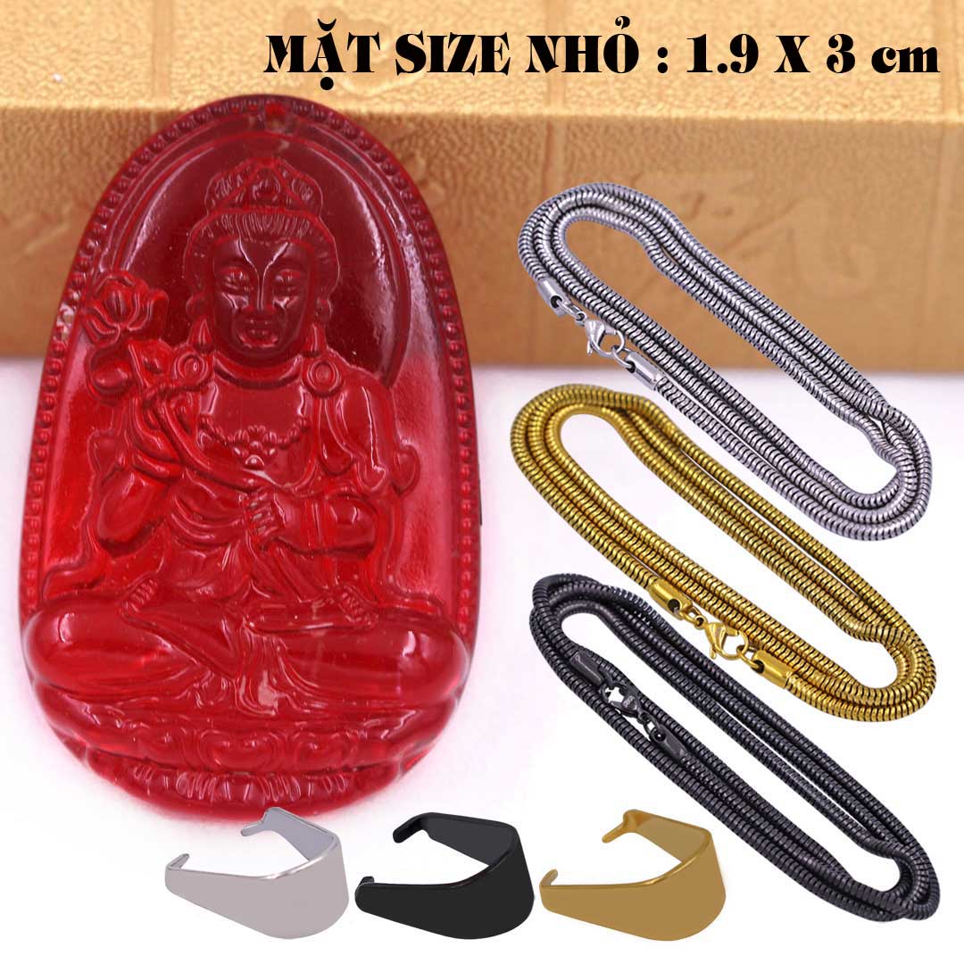 Mặt Phật Đại thế chí pha lê đỏ 1.9cm x 3cm  kèm vòng cổ dây chuyền inox rắn vàng + móc inox vàng, Phật bản mệnh, mặt dây chuyền