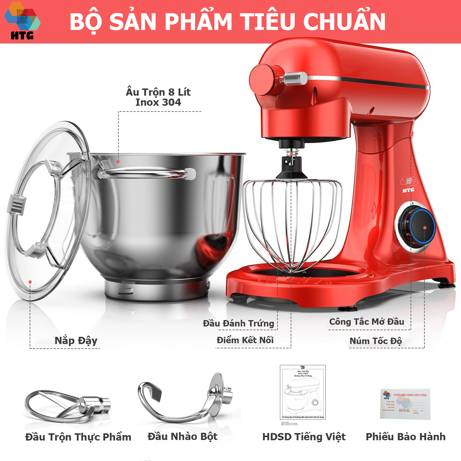 Máy nhào bột SM01 làm bánh, đánh trứng, kem, trộn thực phẩm, dung tích lớn 8 lít, 1800W mạnh mẽ, Inox 304 bền bỉ