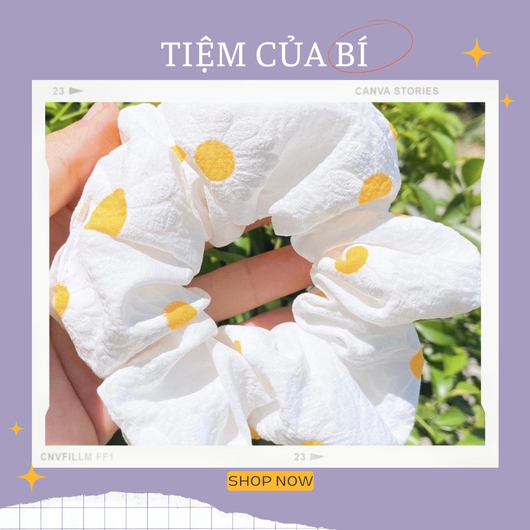 Scrunchies cột tóc, buộc tóc hoạ tiết hoa cúc trắng dễ thương dành cho bạn nữ handmade