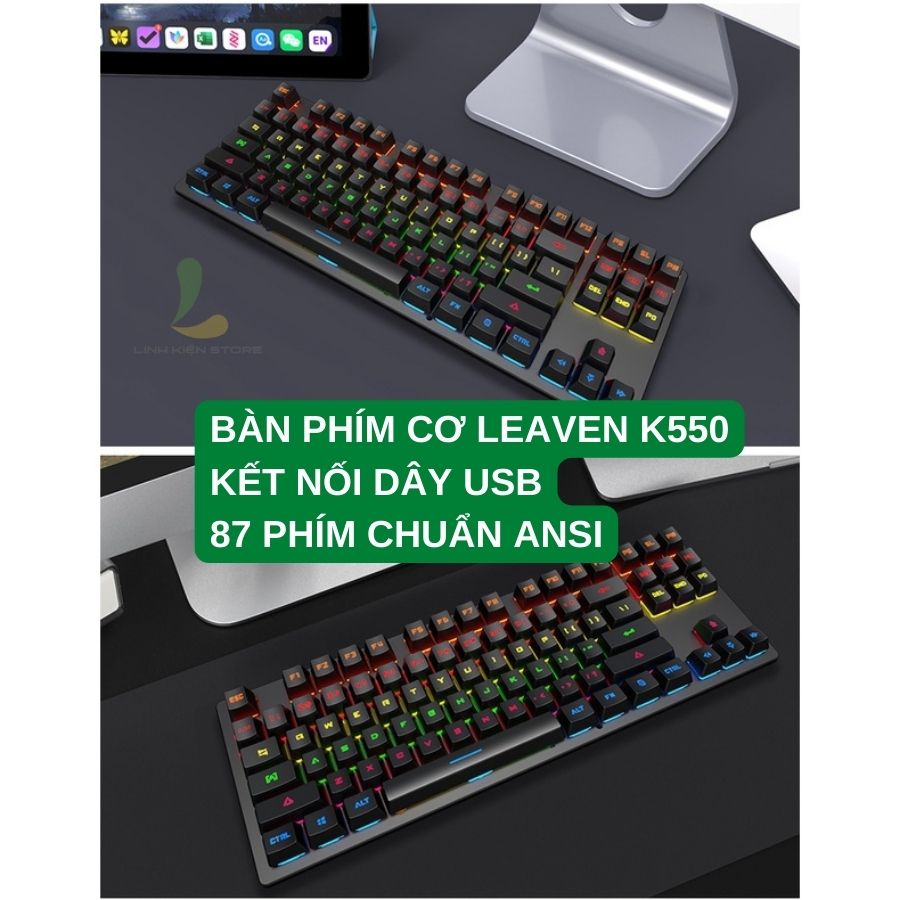 Bàn phím cơ gaming Leaven K550 Blue Switch - Bàn phím có dây công thái học 87 phím LED Rainbow, chống nước và bụi bẩn - Hàng nhập khẩu