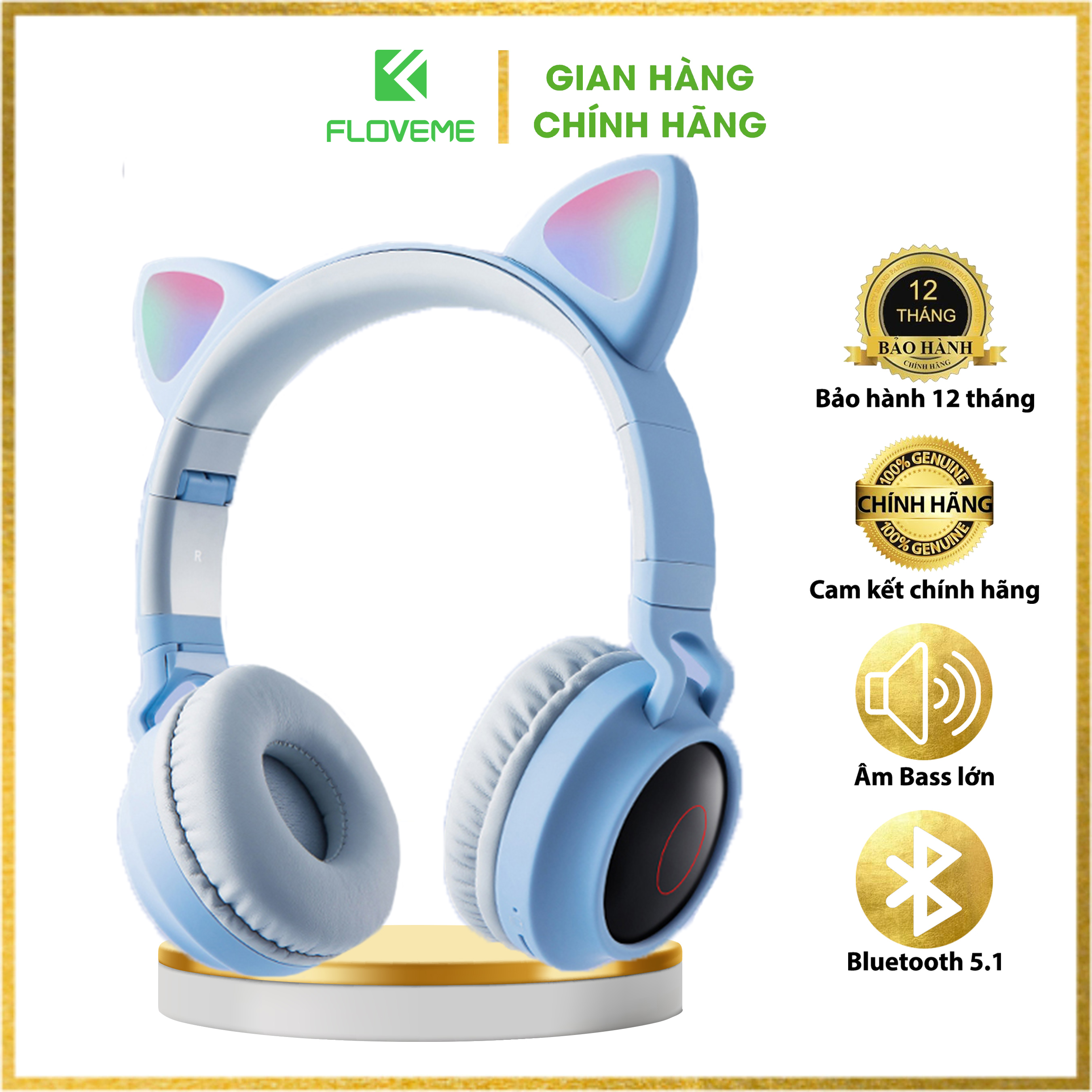 Tai nghe FLOVEME BT28 chụp tai kết nối bluetooth 5.0 hình mèo , kèm dây , Tai mèo có led, có nhiều màu. kiểu dáng siêu cute - Hàng chính hãng