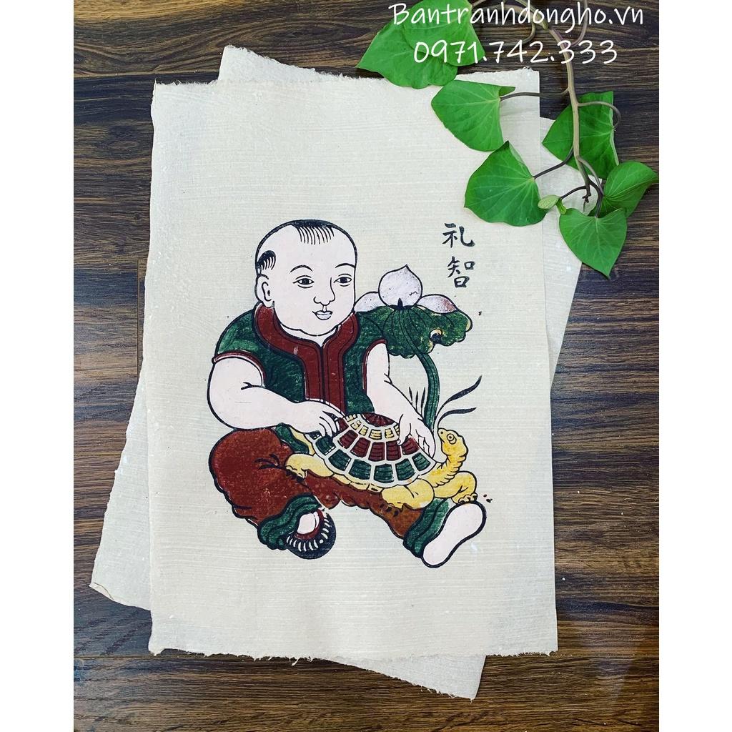 Tranh Đông Hồ Lễ trí Em bé ôm rùa