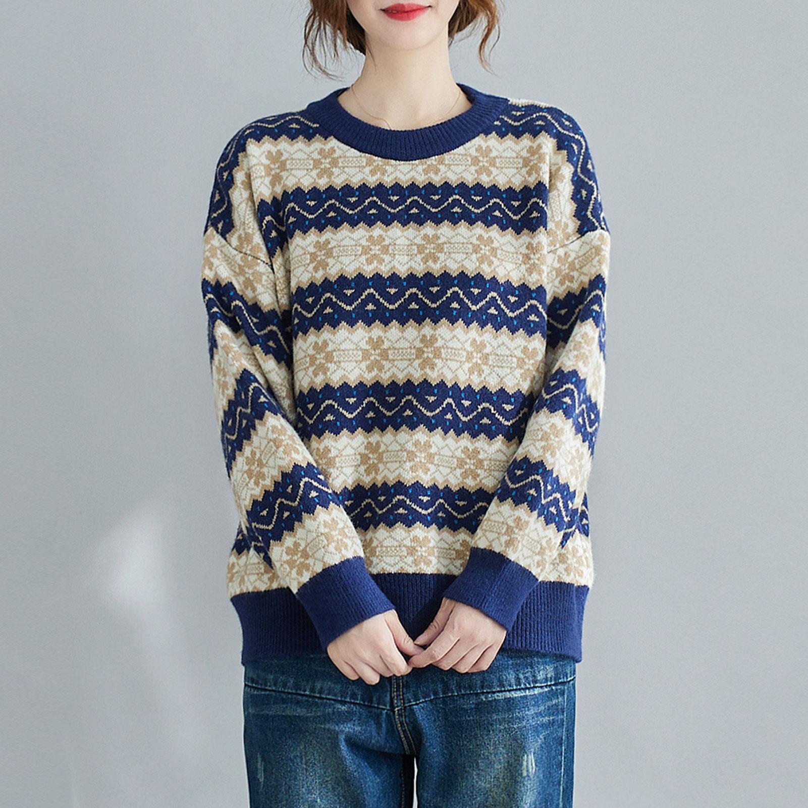 Women Warm Sweater Knitted Stripe O Neck Long Sleeve Drop Shoulder Pullover Sweatshirt Casual Loose Winter Blouse