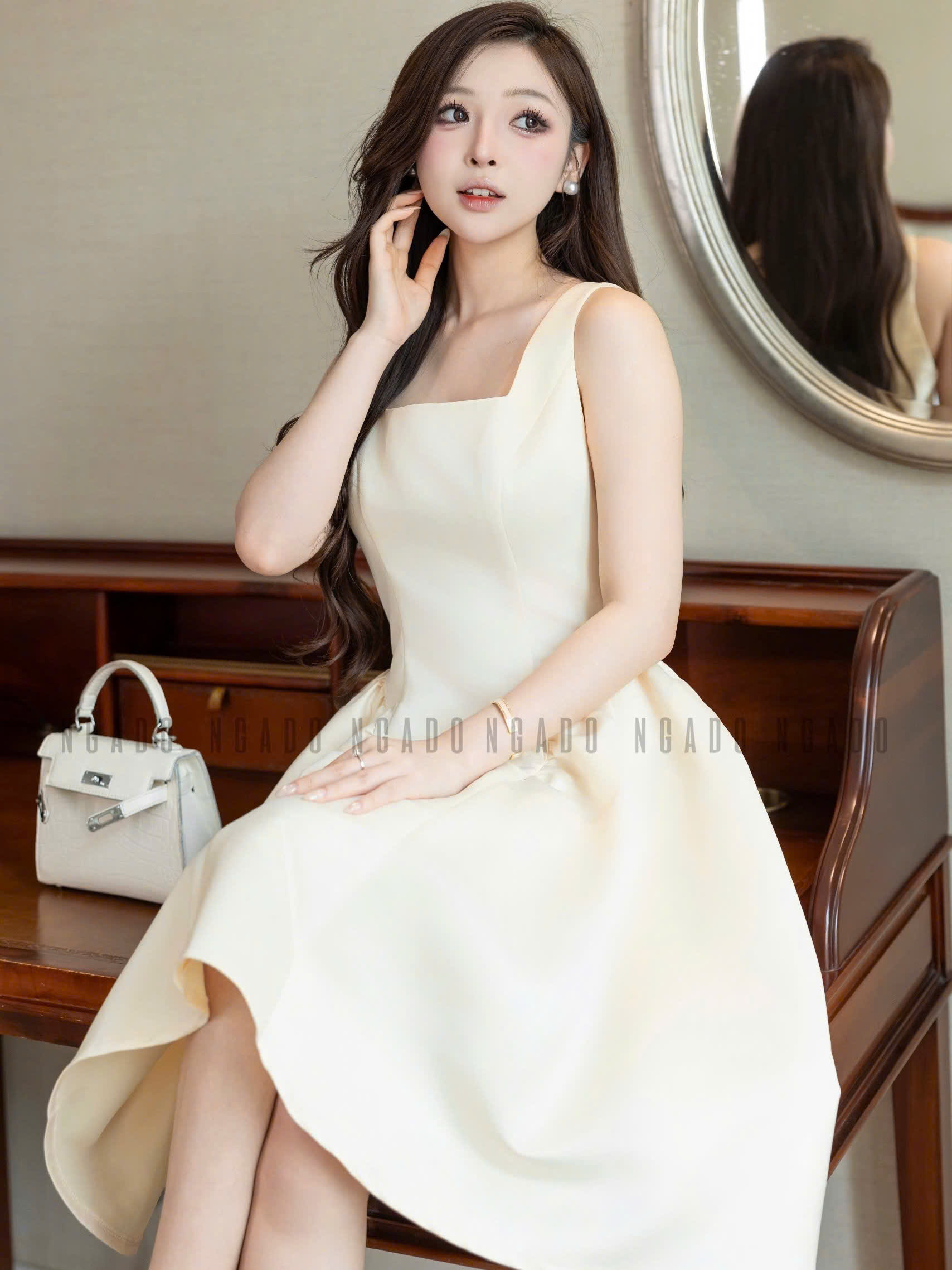 Đầm kem cổ vuông NGADO , đầm ngắn , đầm dự tiệc