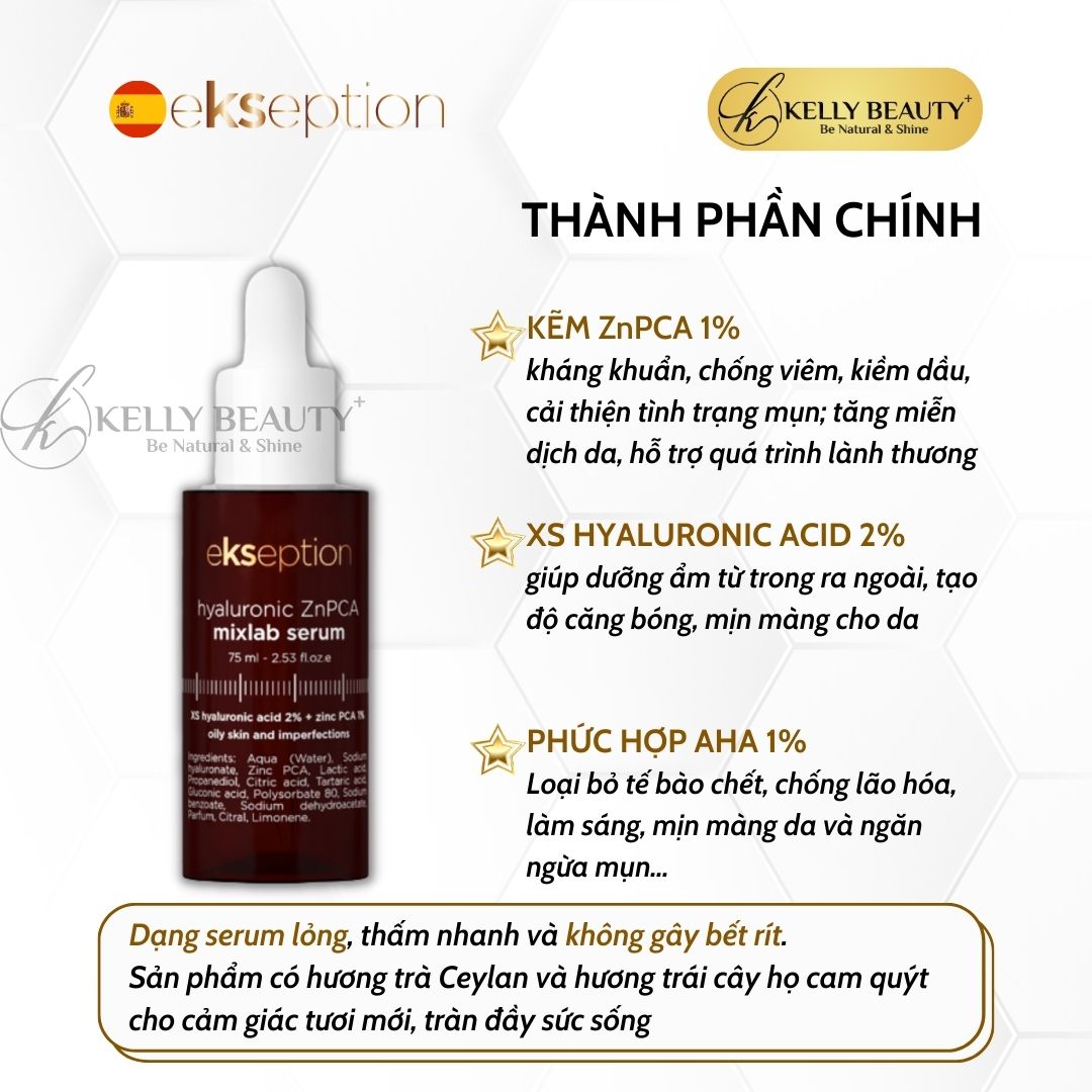 ekseption Hyaluronic ZnPCA mixlab serum - Tinh Chất Kiềm Dầu, Chống Viêm; Giảm Mụn Trứng Cá - Kelly Beauty