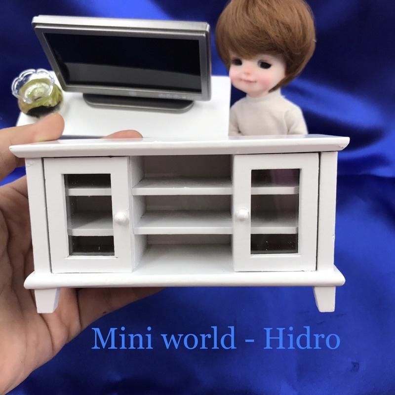 Mô hình kệ để ti vi bằng gỗ dùng cho trang tí nhà búp bê Barbie, BJD 1/8 mini tí hon miniature. Tủ gỗ để tv cho búp bê.