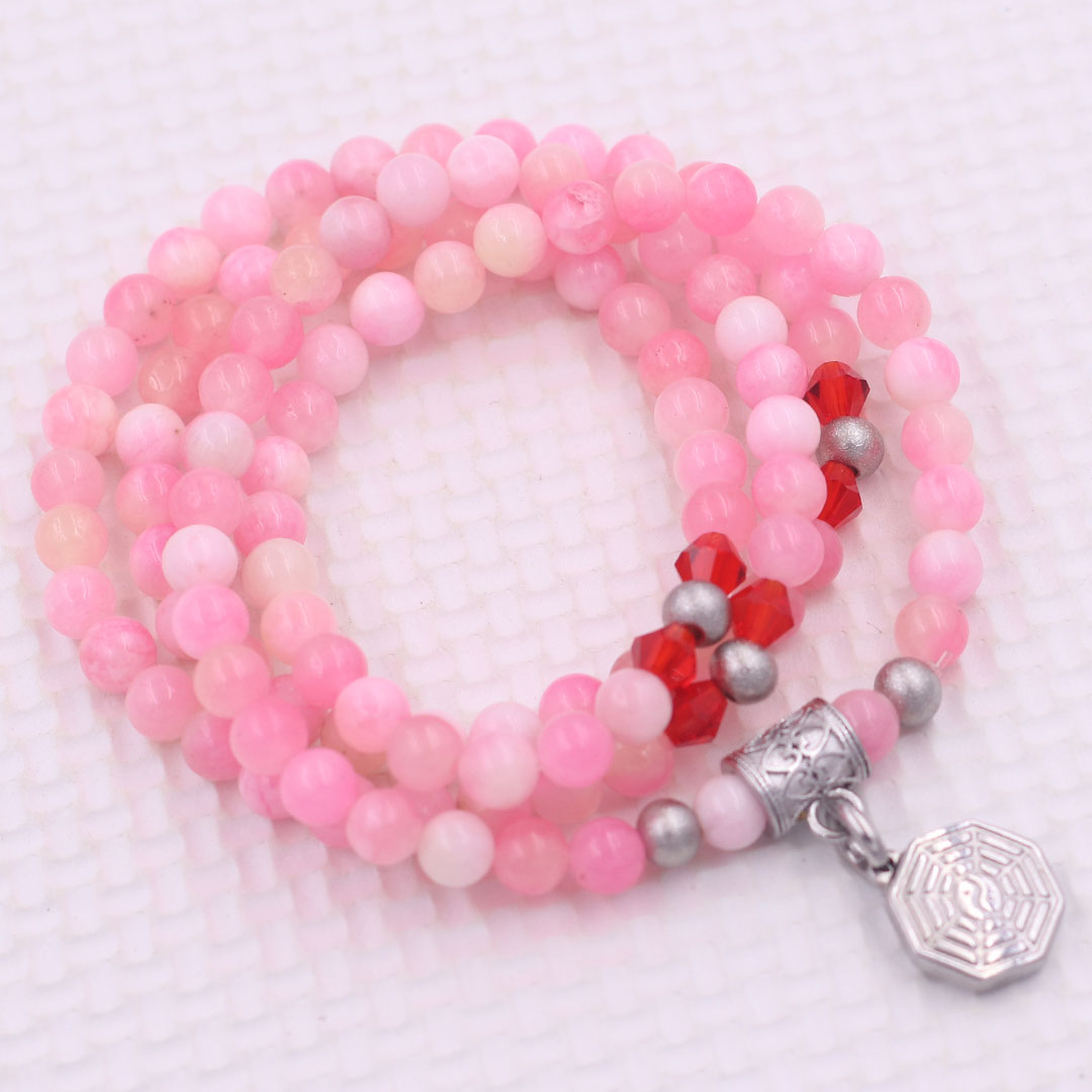 Vòng chuỗi 108 hạt đá ngọc tủy hồng 6 ly charm bát quái inox - vòng chuỗi niệm Phật, vòng tay chuỗi hạt