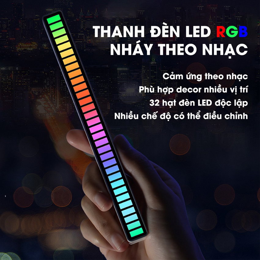 Thanh đèn LED RGB nháy theo nhạc cảm ứng âm thanh 32 hạt LED 16 triệu màu không app dùng trang trí máy tính, decor phòng, gắn trong ô tô