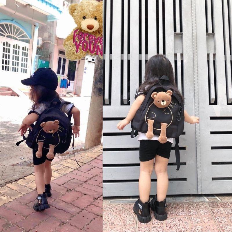 Set Balo cho bé trai - gái mầm non kèm nón mũ , ba lô trẻ em mẫu giáo hình gấu Teddy siêu nhẹ chống nước ngộ nghĩnh.