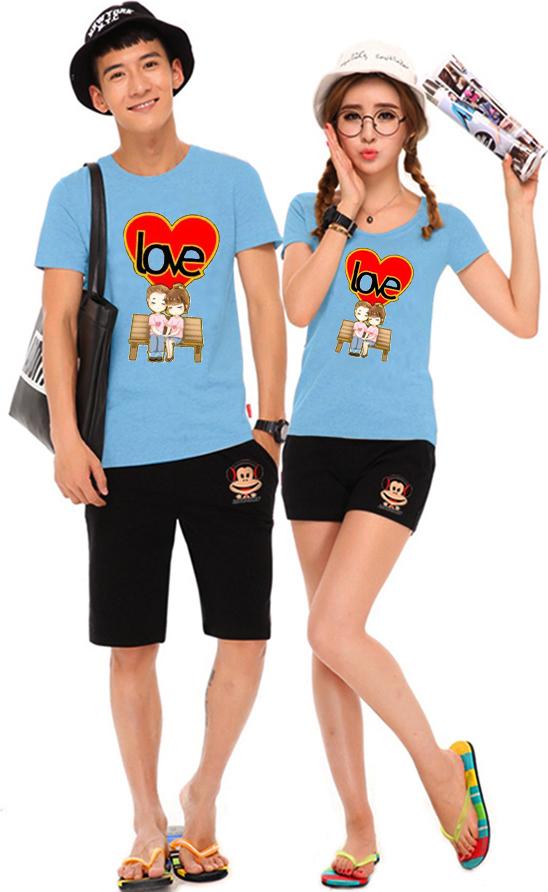 Bộ Áo Thun Đôi Nam Nữ Love Màu Xanh Biển