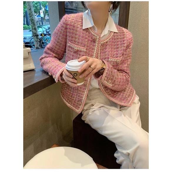 Áo khoác dạ tweed hồng khuy sắt chuẩn SDD