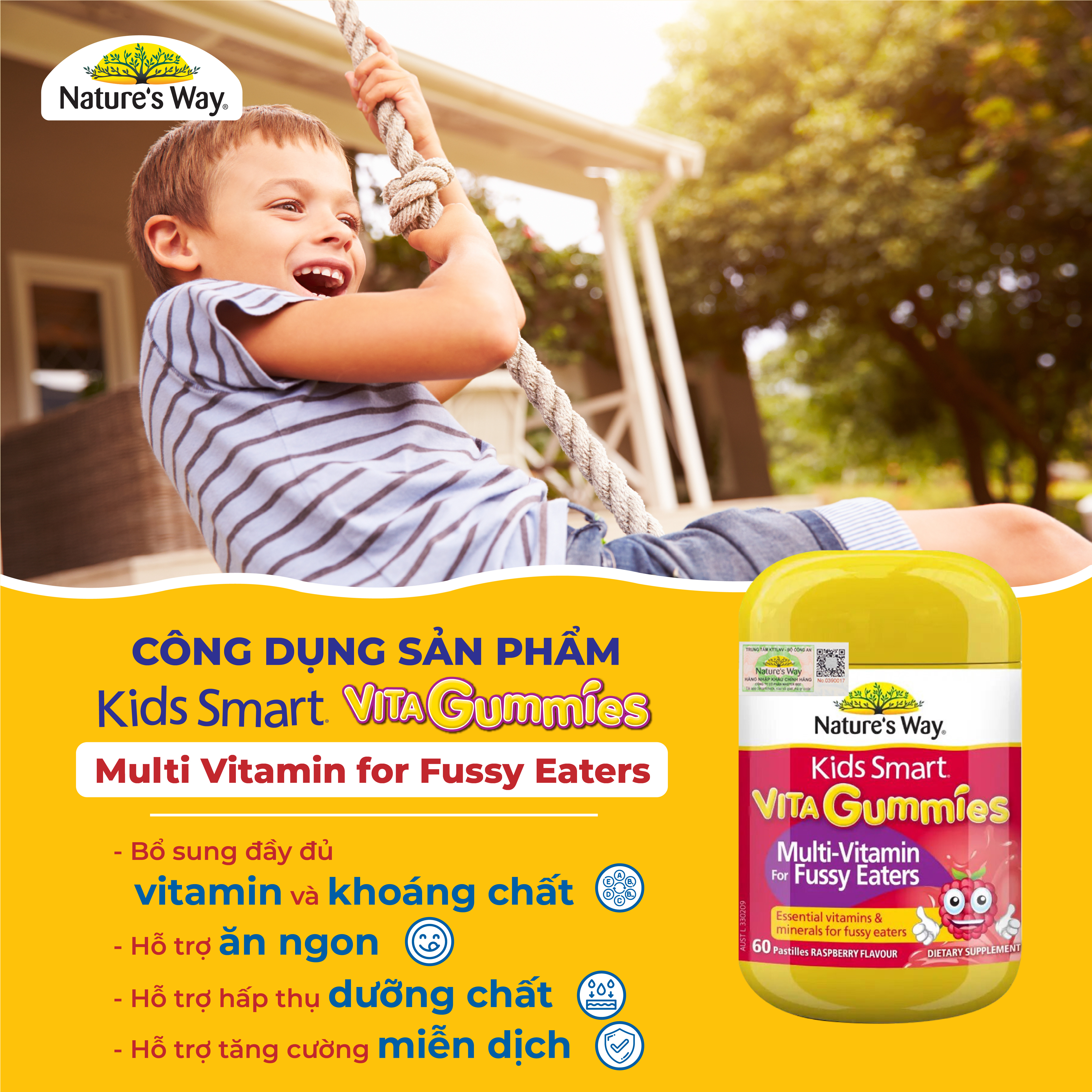 Kẹo Dẻo Vi Chất Cho Bé Nature's Way Kids Smart Vita Gummies Multi Vitamin for Fussy Eaters Kích Thích Ăn Ngon 60 Viên