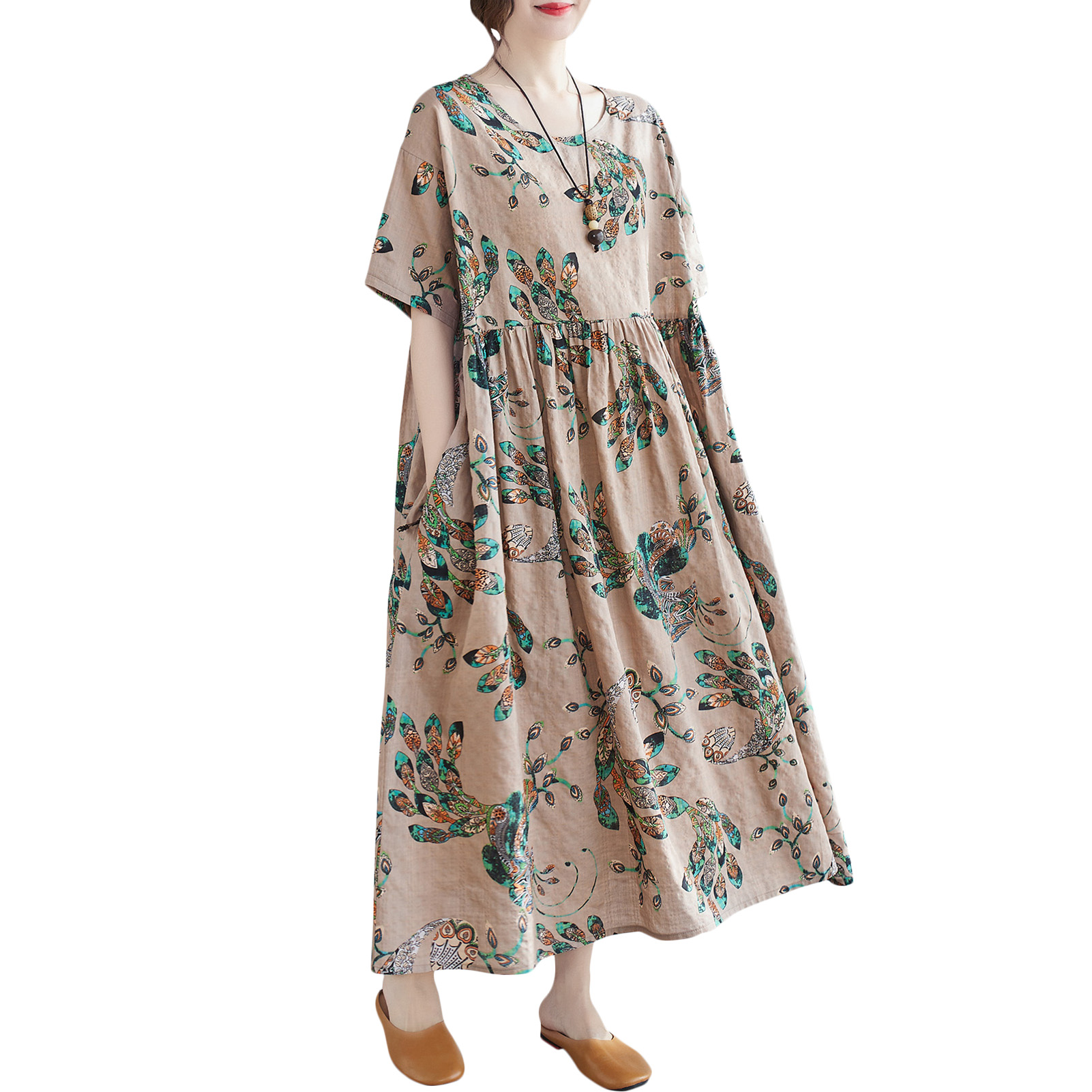 Women Vintage Dress Floral Print Pockets Mid-Calf Loose O-Neck Short Sleeves Dress Plus Size Casual