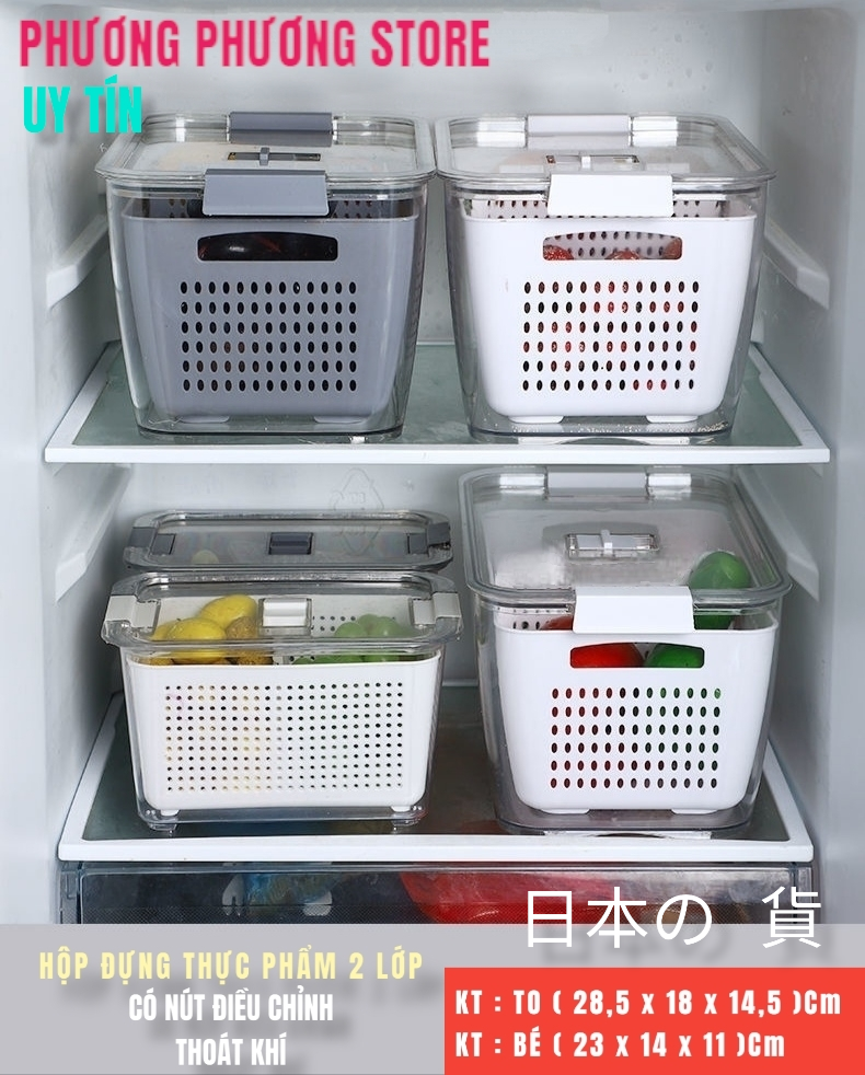 Hộp Bảo Quản Thực Phẩm Tủ Lạnh 2 lớp Trong Suốt, Giúp Ráo Nước Bảo Quản Tiện Lợi