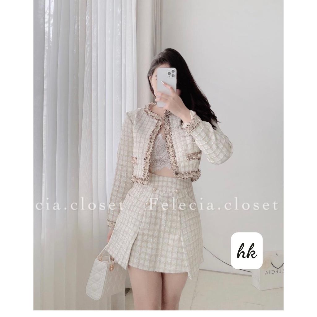 Set dạ tweed nhũ viền màu vàng đồng siêu xinh (hàng sẵn)- December Fashion