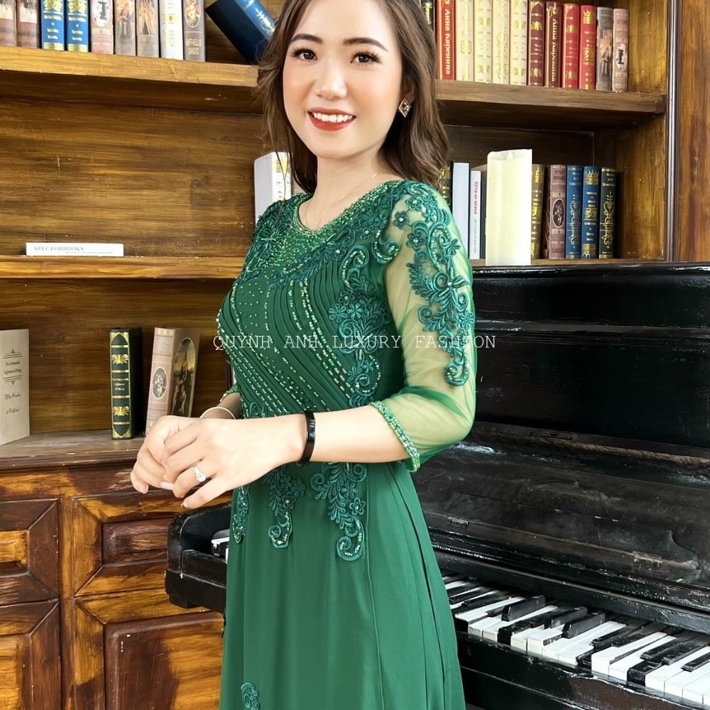 Váy Dạ Hội Áo Dài Xanh Rêu Trung Niên Sang Trọng Cao Cấp Florence Dress