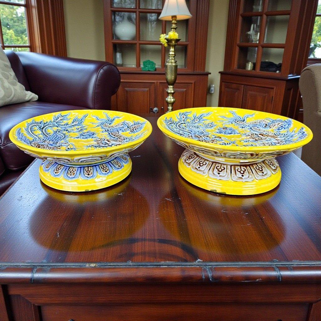 Mâm Bồng Rồng Đắp Nổi Men Vàng RỒNG VIỆT - Mâm Quả Bát Tràng cho Gia Tiên và Thần Tài