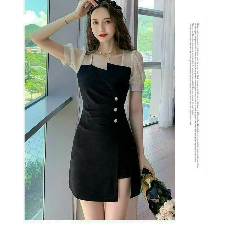 Set Bộ Đùi Áo Form Dài Tay Voan Phối Nút Cổ Cách Điệu Thời Trang