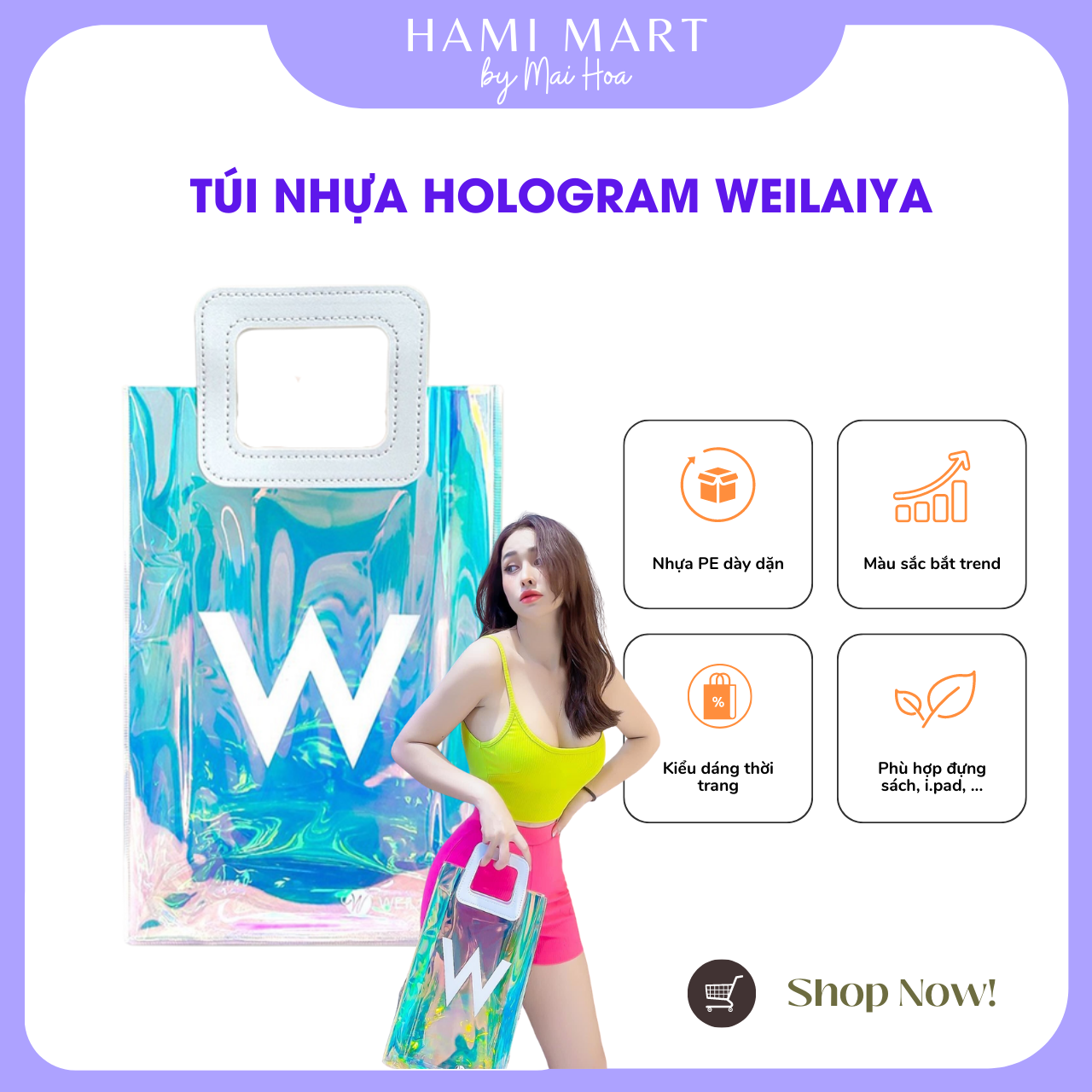 Túi Nhựa  W Thời Trang 7 Màu Hologram Tiện Lợi Đa Năng