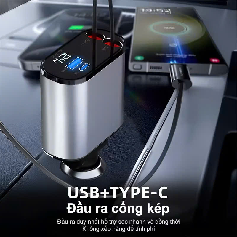 Tẩu Sạjc Ô Tô Siêu Bền 120W – 4-in-1 Sạc Cực Nhanh, Màn Hình Hiển Thị Vôn, đèn trang trí
