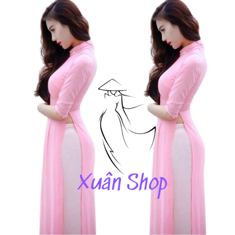 Áo dài truyền thống lụa nhật cổ vuông màu hồng nude