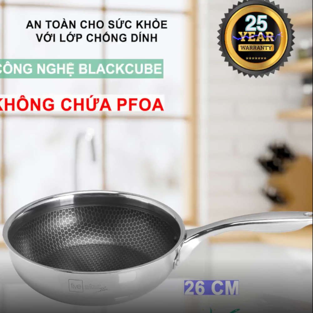 Bộ 4 nồi và  1 chống dính BlackCube 3 lớp đáy liền inox 304 Fivestar Plus nắp kính công nghệ chống trầy xước, dùng được mọi bếp