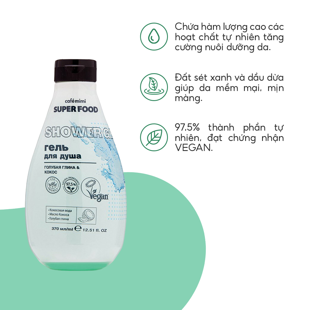 Gel tắm CAFÉMIMI nuôi dưỡng da Đất sét xanh và Dừa 370ml