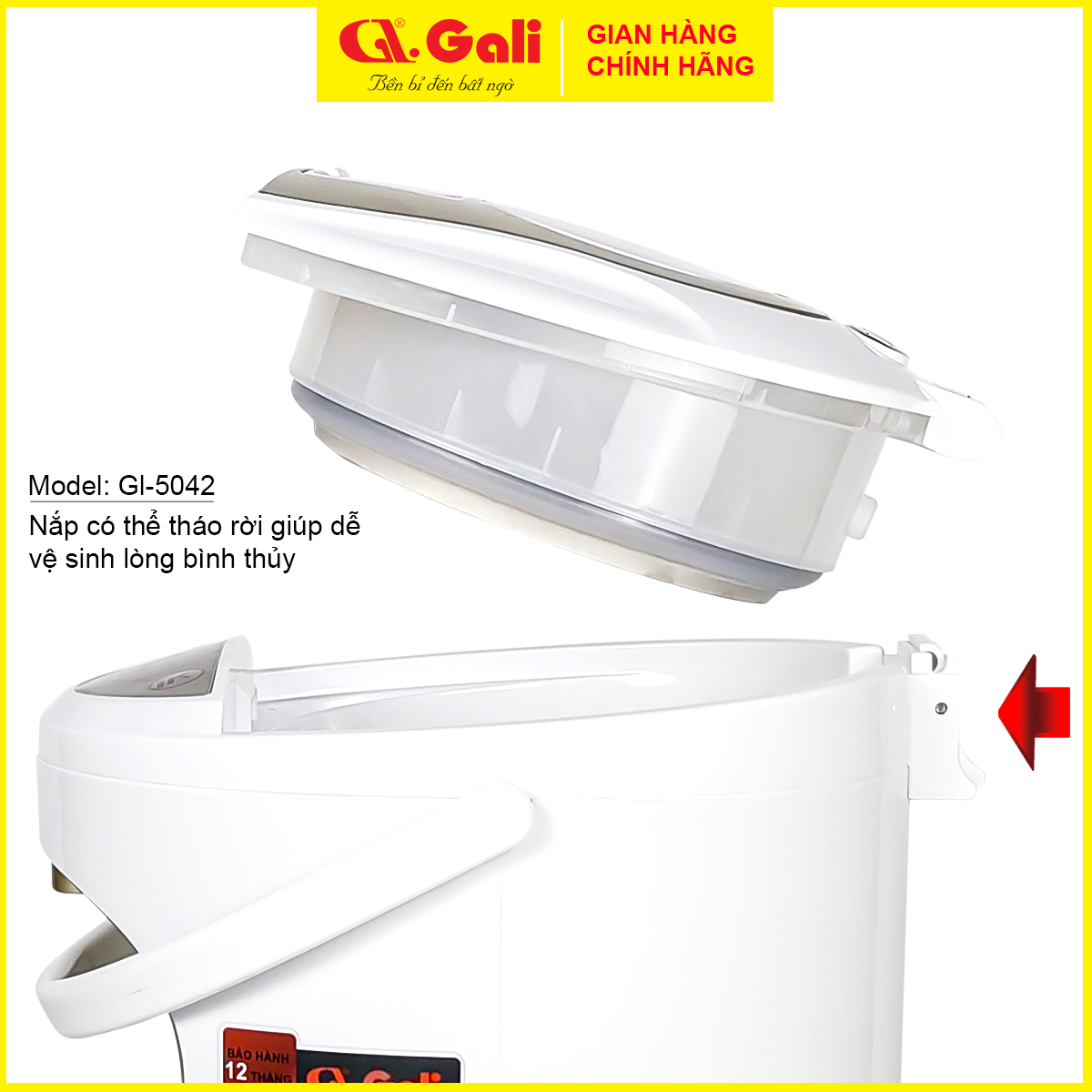 Bình thủy điện Gali GL-5042 dung tích 4.2 lít, phích cấu tạo 2 lớp thân ngoài nhựa, ruột inox 304, hàng chính hãng 100%,  bảo hành 24 tháng Gali