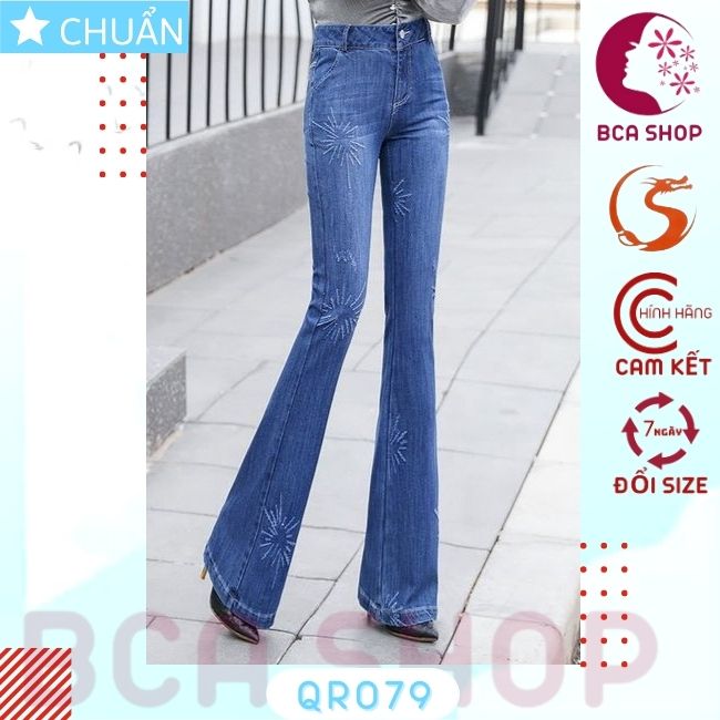 Quần jean nữ ống loe QRO79 ROSATA tại BCASHOP dáng dài thêu họa tiết, lưng cao 1 nút, phom chuẩn, chất liệu jean cao cấp - màu xanh