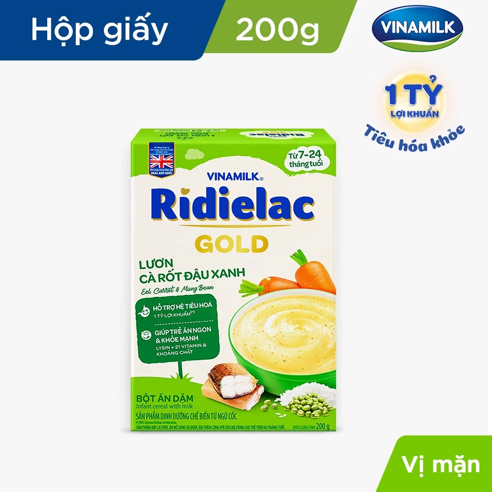 Bột ăn dặm Ridielac Gold lươn cà rốt đậu xanh hộp 200g