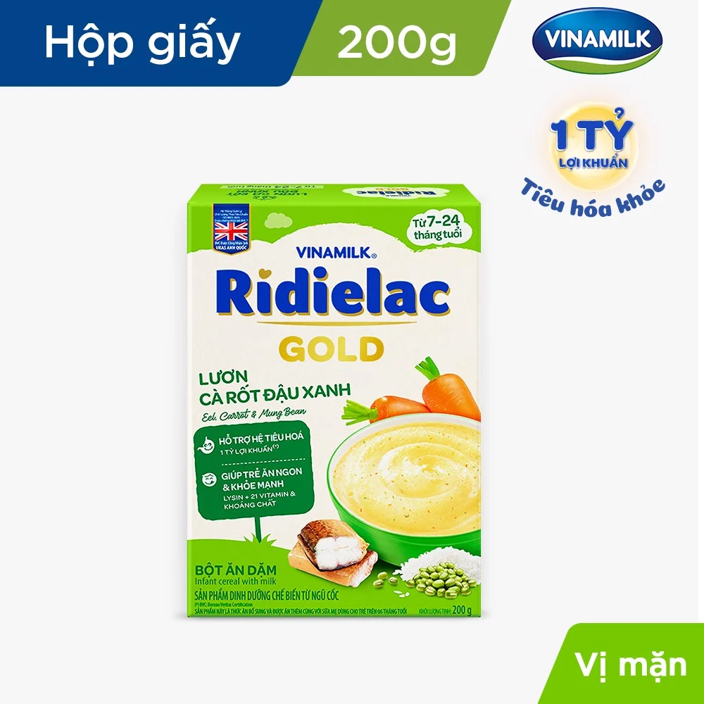 Bột ăn dặm Ridielac Gold lươn cà rốt đậu xanh hộp 200g (7 - 24 tháng)