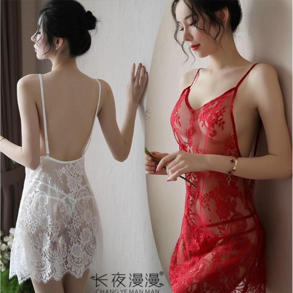 ĐẦM NGỦ - VÁY NGỦ 2 DÂY HỞ LƯNG REN XUYÊN THẤU GỢI CẢM HÀNG QUẢNG CHÂU
