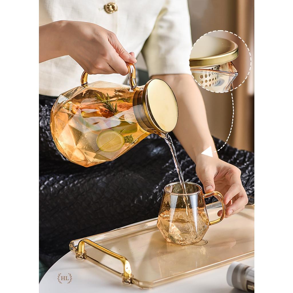 Bình Ly thuỷ tinh vàng có quai dáng kim cương | BỘ BÌNH CỐC BOROSILICATE SIÊU NHẸ - CHỊU NHIỆT - CƯỜNG LỰC LỤC GIÁC QUAI