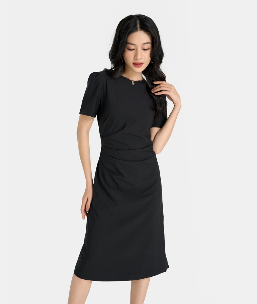 Đầm Lửng Nữ Thời Trang HNOSS Xếp Eo Tay Ngắn HNDLU058