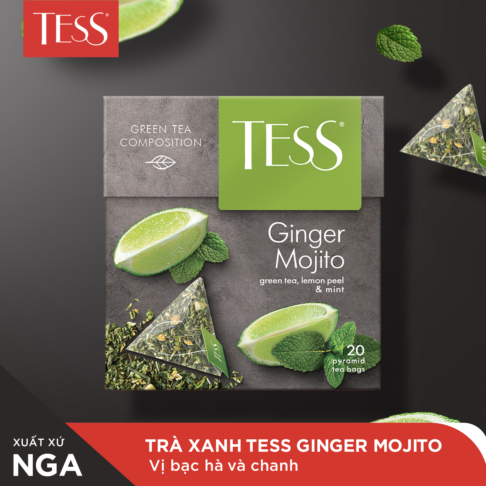 Set 3 hộp trà Tess Green Tea trà xanh tươi mát 20 gói/hộp