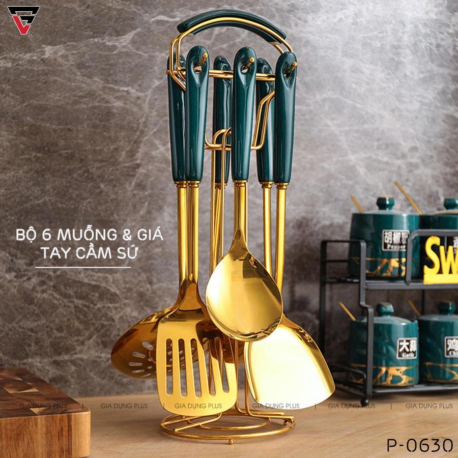 Bộ muỗng canh, muỗng lẩu, xẻng, thìa lọc bằng inox 304, tay cán sứ xanh ngọc lục bảo Bắc Âu cao cấp