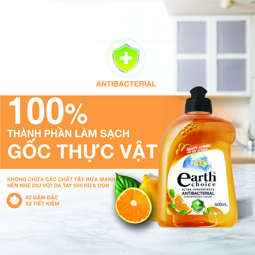 Nước rửa chén đậm đặc kháng khuẩn Earth Choice 500ml